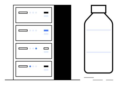 Veri sunucusu rafı ve su şişesi sunumu. Teknoloji, sürdürülebilirlik, çevresel farkındalık, kaynak verimliliği, dijital depolama, enerji tasarrufu, basit düz metafor
