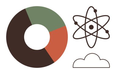 Ayrı bölümleri olan turta grafiği, atomik yapı sembolü ve bir bulut çizgisi. Veri analizi, bilim, teknoloji, yenilik, araştırma bulut hesaplama ve eğitim için idealdir. En düşük düz