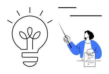Büyük çizgili ampul, elinde bir belge tutan ve yukarıya bakan kişinin yanında yaratıcılığı simgeliyor. Yenilik, eğitim, liderlik, strateji, rehberlik, takım çalışması, motivasyon için idealdir. Basit.
