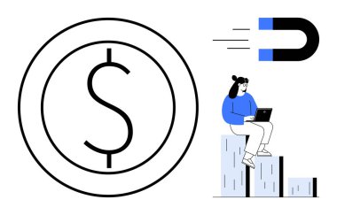 Devasa bir para, çubuk grafiğe oturmuş dizüstü bilgisayarda çalışan biri, mıknatıs çekiyor. Finans, tasarruf, yatırım, iş büyümesi, pazarlama başarısı ve verimlilik için ideal. Basit düz metafor