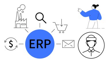Merkezi ERP sistemi finans, fabrika, arama, alışveriş, iletişim ve müşteriyi temsil eden bağlı simgelerle odaklanıyor. İş akışı, iş entegrasyonu, verimlilik veri yönetimi için ideal