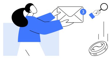 Bildirimli rozetli bir kadın, büyüteç, detayları vurgulayan bir büyüteç, bozuk para düşüşü değerini simgeliyor. Üretkenlik, iletişim, organizasyon, finans, e-posta, analitik için ideal