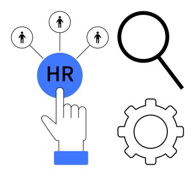 Çalışan simgelerine, büyüteçlere ve teçhizata bağlı İnsan Kaynakları düğmesine el işareti. İşe alım, insan kaynakları yönetimi, işe alım, takım çalışması, istihdam, iş akışı için ideal basit düz metafor