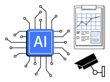 Devreli yapay zeka işlemci, analitik çizelge, güvenlik kamerası. Yapay zeka eğilimleri, otomasyon, teknoloji, veri güvenliği, makine eğitimi, inovasyon için ideal basit düz metafor