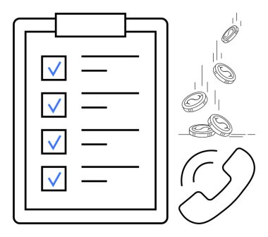 Tamamlanmış görevlere, telefon alıcısına ve düşen paralara sahip kontrol listesi verimliliği, iletişimi ve finansal başarıyı simgeler. İş, planlama, yönetim ve bütçe desteği için ideal