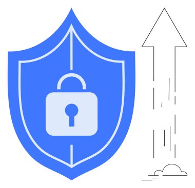 Mavi kalkan ve merkezi kilit gelişmeyi ve büyümeyi sembolize eden bir okun yanında güvenliği temsil ediyor. Koruma, siber güvenlik, veri güvenliği, iş büyümesi, güvenlik çözümleri, güven için ideal