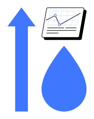 Yukarı ok, çizgi grafikli veri tablosu ve büyüme, analitik ve çevresel sürdürülebilirliği temsil eden su damlası. İlerleme için ideal, veri temsili, yenilik, eko-bilinç