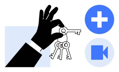 Tıbbi artı işareti ve video çağrı ikonunun yanında üç anahtar tutan iş adamı. Güvenlik, erişim kontrolü, sağlık yönetimi, uzak hizmetler, sanal bakım, teletıp, teknoloji için ideal