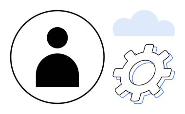 Çember, bulut ve dişli dişli dişli ikonu kullanıcı yönetimi, bulut hizmetleri ve sistem ayarlarını sembolize eder. Teknoloji, ağ oluşturma, kullanıcı arayüzü, yenilikçi iş akışı bulut hesaplaması için ideal
