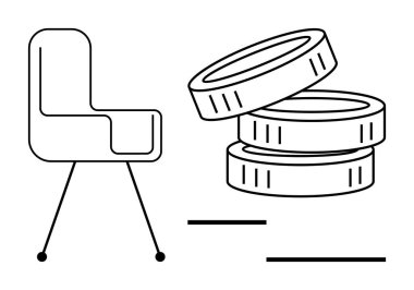 Zenginliği, işi ve işyeri verimliliğini sembolize eden üç madeni paralı modern ofis koltuğu. Finans, iş planlaması, işyeri, ekonomik hedefler, girişimcilik, yatırım için ideal
