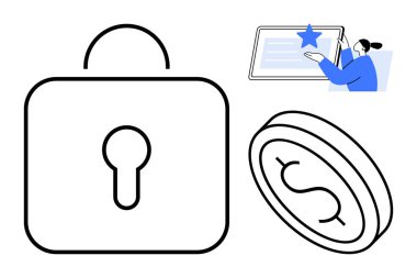 Kilit sembolü, dolar işareti olan bozuk para ve dijital tabletle etkileşim halinde olan biri. Konseptler için ideal güvenlik, güven, finans, veri gizliliği, koruma, dijital erişim ve değer oluşturma