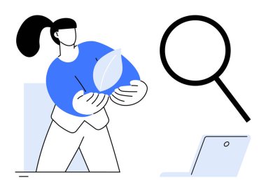 Çevresel farkındalığı, ekolojik araştırmayı, yeniliği, teknolojiyi, sürdürülebilirliği, yeşil enerjiyi ve çevresel araştırmayı sembolize eden, yakınlarda büyüteç ve dizüstü bilgisayarlı bir yaprak sunan kadın