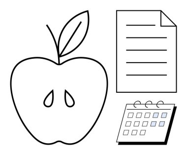Yaprak ve tohumlu elma, metin satırlı belge ve takvim ikonu sağlık planlaması, beslenme, eğitim, organizasyon, zaman yönetimi, refah ve kişisel hedefleri basit düz bir dairede temsil eder.