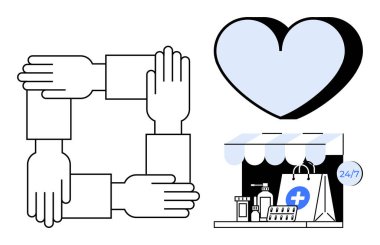 Birbirine kenetlenmiş eller takım çalışmasını simgeler, tıbbi malzemelerle dolu bir mağaza önü ve 247 etiket, mavi kalp sağlık ve merhameti simgeler. Sağlık, takım çalışması, eczane, toplum bakımı ve destek için ideal