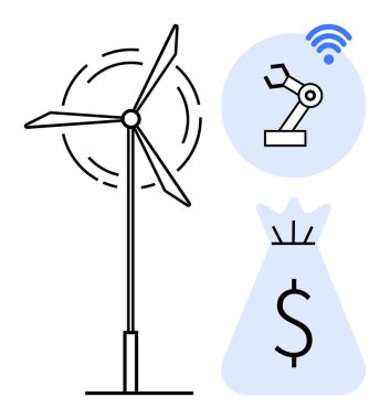 Temiz enerji için rüzgar türbini, otomasyonu sembolize eden robotik kol ve finansal büyümeyi tasvir eden para çantası. Teknoloji, sürdürülebilirlik, yenilenebilir enerji, robotik, yenilik ve finans için ideal