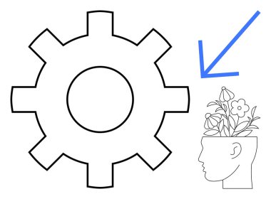 Mavi bir okun rehberliğinde filizlenen bir çiçeğin yanında büyük bir teçhizat. Yaratıcılık, yenilik, akıl sağlığı, kendini geliştirme, üretkenlik, pozitif zihniyet sorunları çözmek için idealdir. Basit düz