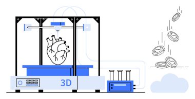 Bozuk paralar düşerken insan kalbi yaratan 3D yazıcı yenilik, sağlık ve yatırımı sembolize ediyor. Teknoloji, sağlık, tıbbi ilerleme, maliyet etkinliği ve yenilik için ideal