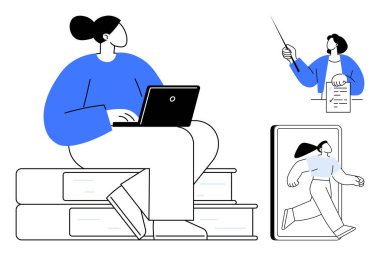 Kitaplarda dizüstü bilgisayar kullanan, kontrol listesi olan bir eğitmen, dijital kitaptan çıkan bir birey. Eğitim, teknoloji, e-öğrenme, yaratıcılık, yenilik, hedef belirleyici modern öğrenme için ideal