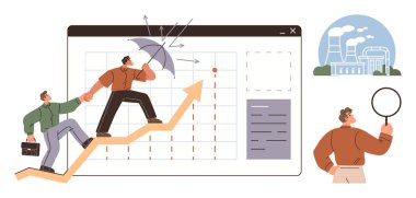 Ekip grafik okuna tırmanırken, meslektaşlarının endüstriyel etkiyi analiz etme riskine karşı lider kalkanları var. Büyüme, takım çalışması, strateji, risk yönetimi, sürdürülebilirlik, liderlik, problem çözme için ideal. Basit.