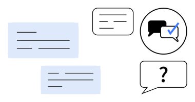 Konuşma baloncukları metin iletişimini, soru işaretini ve doğrulanmış mesajı gösteriyor. Mesajlaşma, etkileşim, destek, karar verme, işbirliği soruları ve dijital araçlar için idealdir. Basit düz