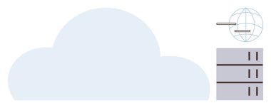 Büyük bulut şekli, sunucu raf yığını ve veri depolamayı, küresel erişimi ve dijital ağ çözümlerini sembolize eden ağ çizgilerine sahip dünya. Teknoloji, bağlantı, ağ, internet bilişim için ideal