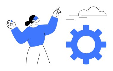 Bulutlara ve büyük aletlere doğru hareket eden bir kadın. Teknoloji, bulut hesaplama, yenilik, takım çalışması, otomasyon, geliştirme, üretkenlik için ideal. Basit düz metafor