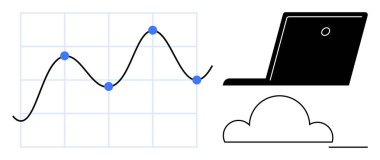 Bir ızgarada veri noktaları, dizüstü bilgisayar, veri analizi, analitik, tahmin, bulut hesaplama, bağlantı, verimlilik eğitimi dijital dönüşümü gösteren bulut ögesi grafiği. Temiz daire