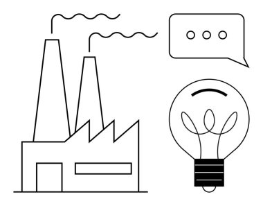 Bacaları duman çıkaran fabrika, yenilikleri vurgulayan ampul ve diyalog için konuşma balonu. Endüstri, enerji, yenilik, iletişim, çevre, işbirliği için ideal