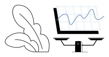 Yeşil yapraklar dengeli bir ölçek yanında ve doğa ile veri odaklı kararlar arasındaki uyumu vurguluyor. Sürdürülebilirlik, analitik, çevre, büyüme, denge ve karar verme için ideal