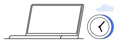 Arka planda bulut olan bir saatin yanında dizüstü bilgisayar ana hatları, üretkenliği, zaman takibini, uzaktan çalışmayı, zamanlamayı, iş akışı yönetimini, dijital verimliliği, zaman izlemesini sembolize ediyor. Basit.