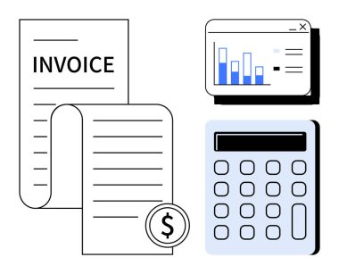 Fatura kağıdı, hesap makinesi, finansal yönetim, muhasebe ve veri analizi için analitik çizelgesi. İş için ideal, ödemeler, bütçe stratejisi ekonomisi finansmanı. Temiz, düz metafor