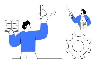 Eksenlere çizim yapan kişi, sopa ve kağıt tutan öğretmen, kitap ve dişli. Öğretmenlik, eğitim, eğitim ve takım çalışması analizi için ideal bir yenilik. En az düz metafor