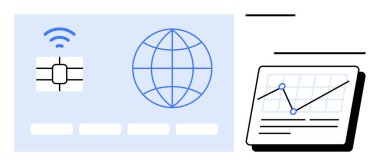 Kablosuz sinyal, küre ve grafiğe sahip çip bağlantı, veri, yenilik, küresel erişim, ağ oluşturma, analiz istatistiklerini ileten yükselen trend çizgisi. Teknoloji iş analizleri için ideal