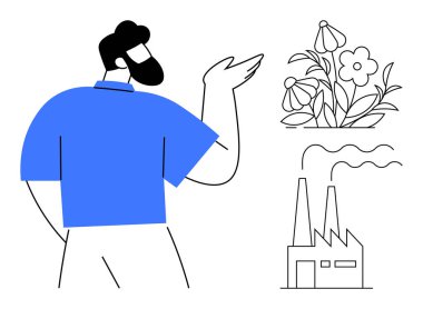 Çiçek açan bir fabrika ve fabrikaya doğru hareket eden bir adam duman yığınları, yan yana gelen endüstri ve doğa. Sürdürülebilirlik, ekoloji, endüstriyel etki, çevre bilinci, yeşil