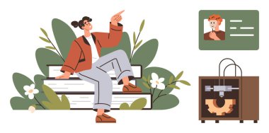 Genç bir kadın istiflenmiş kitapların üzerinde oturuyor, bitkilerle çevrili, 3 boyutlu bir yazıcı ve kimlik kartının yanında işaret ediyor. Eğitim, teknoloji, yaratıcılık, kimlik belirleme, modern öğrenme için ideal