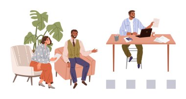 Adaylar tesislerle dolu sıradan bir ofiste otururken masabaşında belgeleri inceleyen bir acemi. İşe alım, kariyer, takım çalışması, profesyonellik, iletişim, ticaret, yönetim için ideal