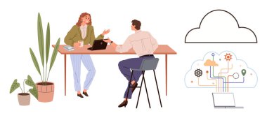 Bulut teknolojisini tartışan meslektaşlar veriye dayalı süreçleri, dişlileri ve yenilikleri entegre ediyorlar. Takım çalışması için ideal, uzak çalışma, bulut çözümleri, teknoloji, işbirliği, strateji