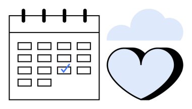 Görev tamamlama işaretli takvim, bakım ve refah için kalp sembolü ve zihinsel alan için bulut. Zaman yönetimi, organizasyon, öz bakım, denge, üretkenlik, farkındalık için ideal