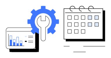 Çubuk grafikli çizelge, anahtarlı dişli dişli ve takvim planlama, analiz ve sistem optimizasyonunu vurguluyor. Program, verimlilik, yönetim, iş akışı verimlilik stratejisi için ideal basit