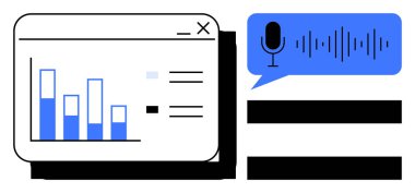 Mikrofon ve ses dalgası içeren bir konuşma balonuyla eşleştirilmiş bir web penceresindeki çubuk grafik raporu. Veri analizi, ses girişi, teknolojik yenilik, iş stratejisi, yapay zeka araçları, araştırma için ideal