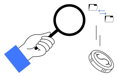 Bir büyüteç tutarak para ve klasör simgelerini oklarla inceler, analiz, finans ve veri transferini temsil eder. Araştırma, finans, organizasyon, veri paylaşımı için ideal