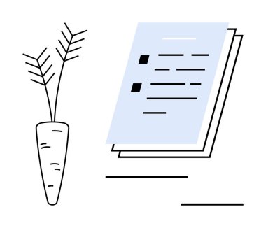 Sayfaların yanında diyet planını temsil eden yapraklı bir havuç. Beslenme, sağlık, sağlık, diyet, gıda planlaması, temiz yeme, sağlıklı alışkanlıklar için idealdir. Basit düz metafor