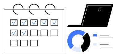 Görev organizasyonu, planlama ve başarı takibi için veri içeren kontrol işaretleri, dizüstü bilgisayar ve pasta grafiği olan bir takvim. Üretkenlik, iş akışı, zamanlama, analitik organizasyon verimliliği için ideal