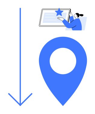 Büyük mavi lokasyon iğnesi ve aşağı doğru ok bir yıldızın yer aldığı bir belgeyi analiz ediyor. Navigasyon, konum, değerlendirme, geri bildirim, yön, planlama ve seyahat kavramları için ideal