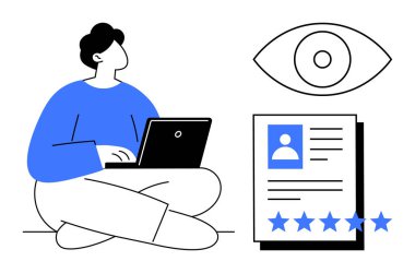 Özgeçmiş, göz sembolü ve beş yıldızlı derecelendirme, iş başvurularının temaları, çevrimiçi mahremiyet, kullanıcı değerlendirmeleri, veri yönetimi ve dijital kimlik konuları ile oturan kişi. HR için ideal