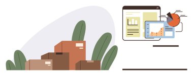 Kahverengi kargo kutuları, dijital ekranların yanında yemyeşil bitkiler, grafikler, istatistikler ve turta grafikleri gösteriyor. Lojistik, e-ticaret, envanter takibi, analitik, teknoloji, iş için ideal