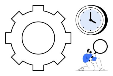 İşlem için vites, zaman için saat analiz ve odaklanma için büyüteç kullanan kişi. Üretkenlik, süreç iyileştirme, organizasyon, verimlilik, odak, proje yönetimi için ideal basit daire