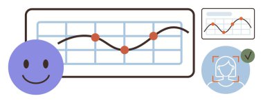 Veri noktaları olan çizgi çizelgesi, olumlu geri bildirim için gülen yüz yüz, yüz tanıma özellikli kafa profili onaylanmış. Analiz, performans, yapay zeka, kullanıcı geribildirimi, teknoloji, araştırma için ideal