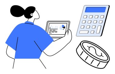 Finansal analiz, bütçe, muhasebe, iş dünyası, kişisel finans, yatırım ve basit bir düz metafor olarak planlamayı vurgulayan tablet, hesap makinesi ve para tutan kadın