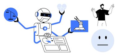 Çoklu kollara sahip robot. Yasal teraziler, kalp, mekanik otomasyon ve dijital etkileşim kavramları. Teknoloji, yapay zeka, etik, insan-robot etkileşimi, yenilik dengesi için ideal